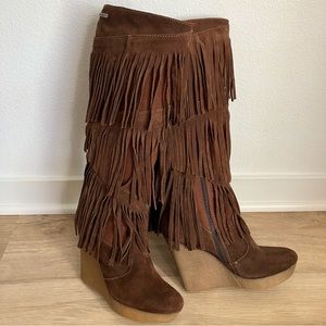 Diesel Fringe Suede Wedge Heeled Boots-size 37